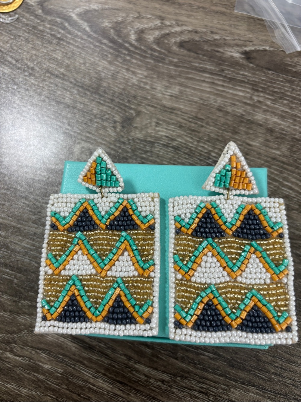 Handcrafted Beaded Geometric Drop Earrings - White, Gold, Teal, Black - 3” drop - Picture 1 of 4